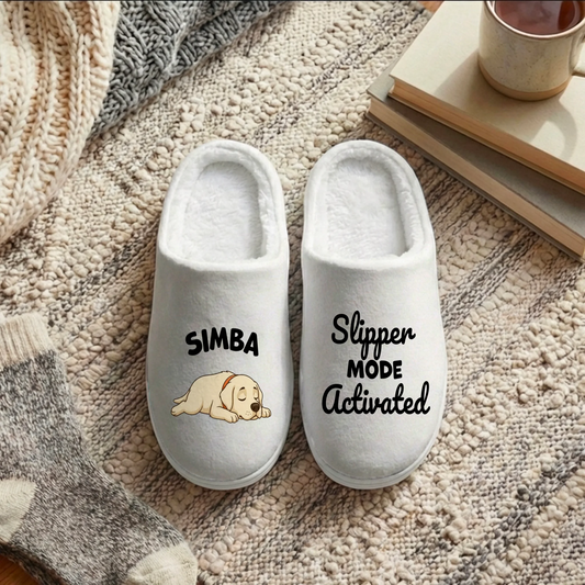 Personalized white slippers with a sleeping dog and 'Slipper Mode Activated' text, seen on a cozy rug.