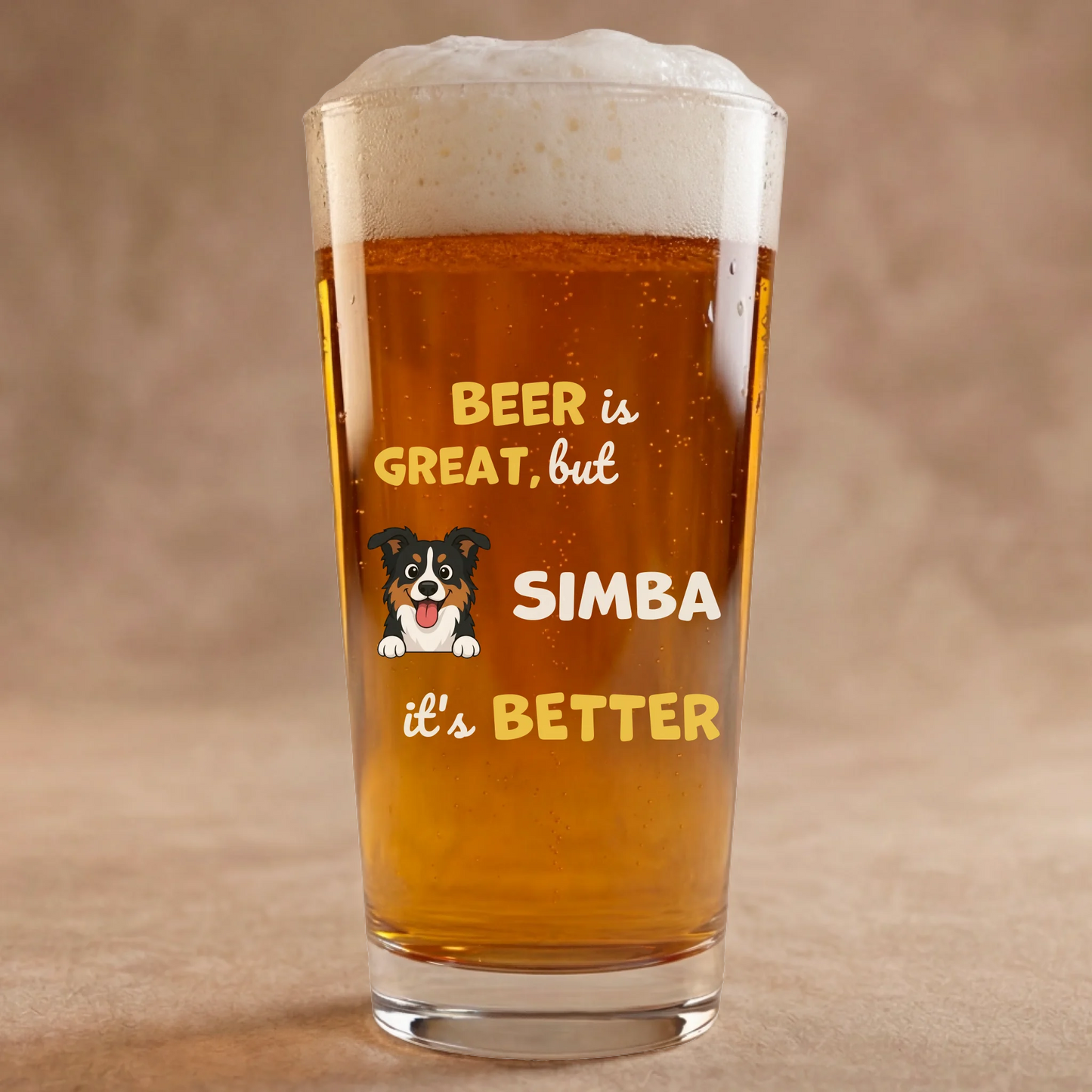 Personalized beer glass with a happy tri-color dog portrait and the slogan 'Beer is great, but [pet name] is better'