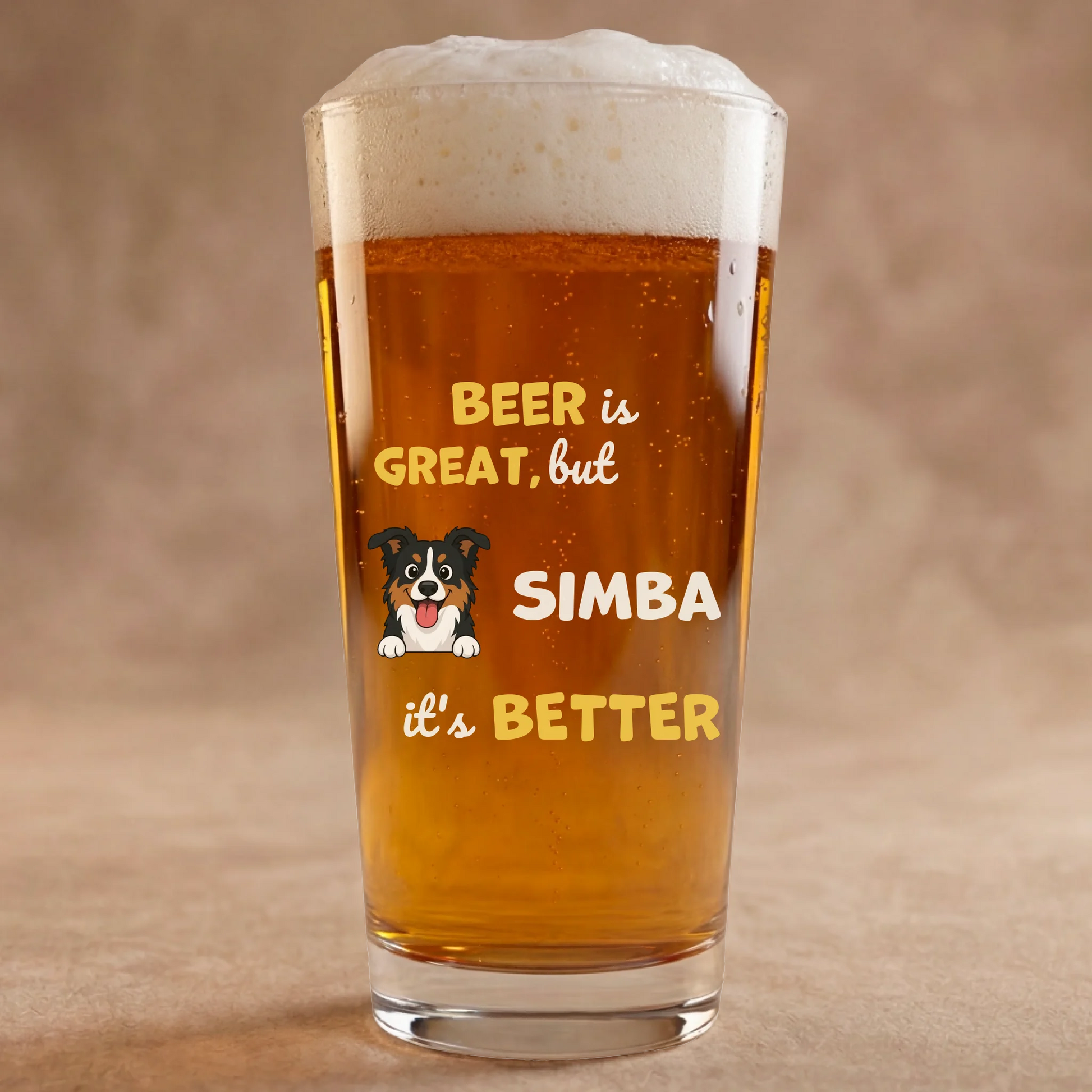 Personalized beer glass with a happy tri-color dog portrait and the slogan 'Beer is great, but [pet name] is better'