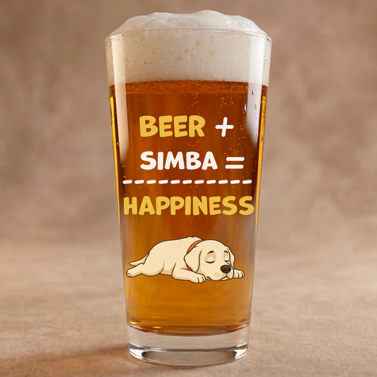 Personalized beer glass with 'Beer + Simba = Happiness' slogan and sleeping dog portrait.