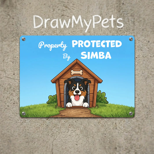 Personalized metal sign 'Property Protected By' with a cartoon dog peeking from its kennel.