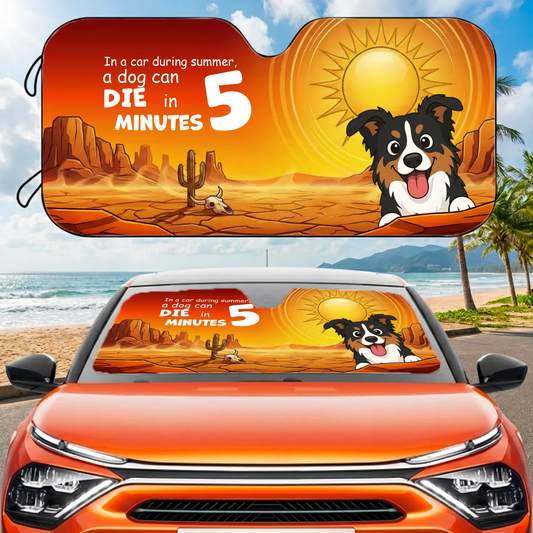 Personalized car sunshade warning "Dog + Car = Danger" with a happy cartoon dog on a desert background.
