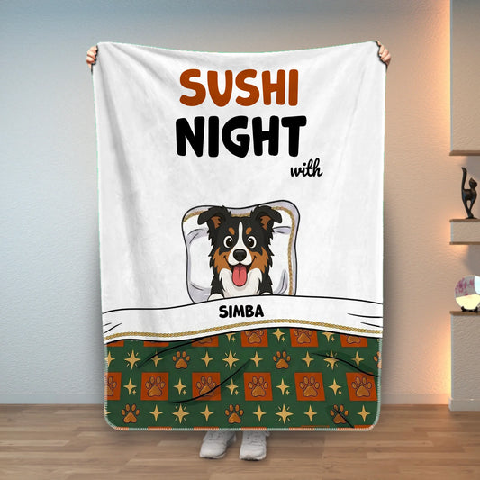 Personalized blanket featuring a cartoon dog tucked into bed with 'Sushi Night with [Pet Name]' text, perfect for pet owners.