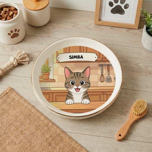 Personalized cat bowl featuring a tabby cat in a kitchen, custom named, for happy meals.