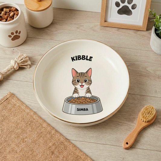 Personalized cat bowl with happy tabby cat, kibble, and pet's name