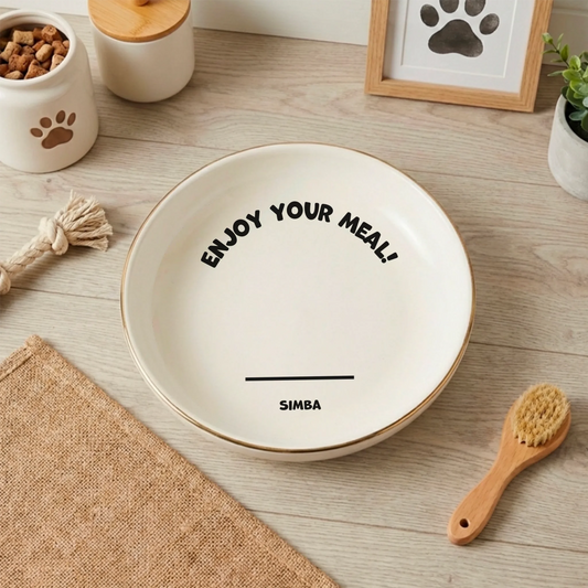 Personalized ceramic cat bowl with 'Enjoy Your Meal!' slogan and pet name 'Simba', a unique custom gift for cats and dogs.