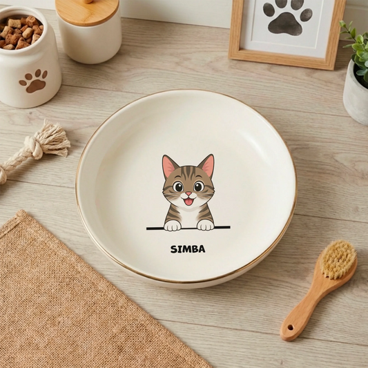 Personalized ceramic cat bowl with a peeking tabby cat illustration and custom name 'Simba' on a wooden floor.