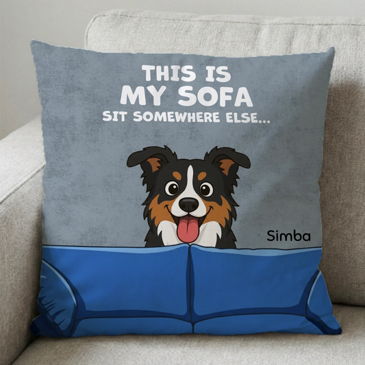 Personalized square cushion 'This Is My Sofa' with a happy cartoon dog peeking over a blue sofa and pet's name 'Simba'