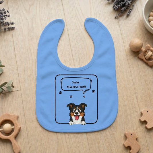 Personalized baby bib in light blue with happy cartoon dog and 'New Best Friend' slogan.
