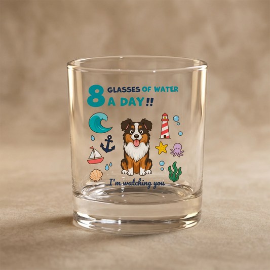 Personalized water glass featuring a cartoon dog and '8 Glasses of Water A Day' slogan