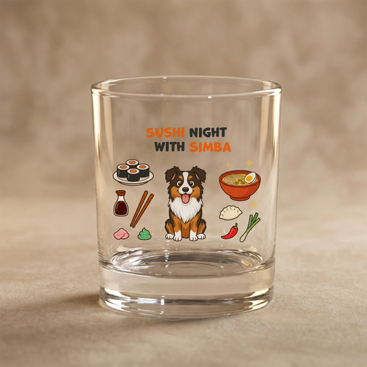 Personalized 'Sushi Night' glass with a custom cartoon dog portrait and Asian food.