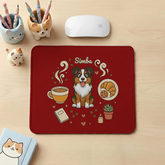 Personalized mouse pad with 'Working from Home' dog design and coffee.