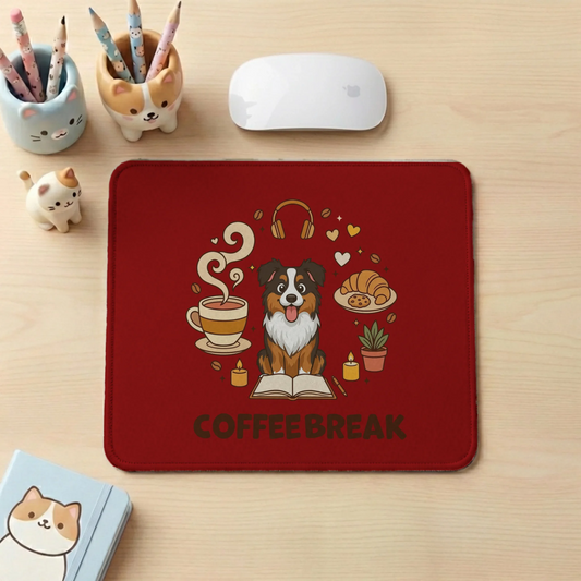 Personalized 'Coffee Break' mouse pad with an Australian Shepherd dog portrait on a red background