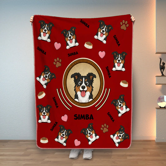 Personalized red pet blanket with cartoon dog portraits and custom name