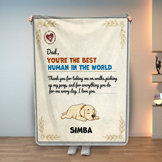 Personalized blanket for pet dads featuring a sleeping Labrador puppy and 'You're the Best Human' message.