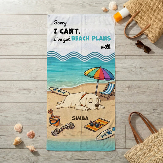 Personalized beach towel with 'Sorry, I Can't, I've got Beach Plans' featuring a sleeping Labrador dog.