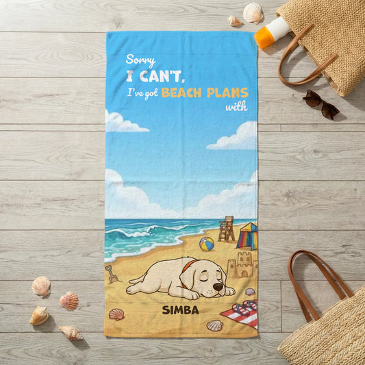 Personalized beach towel with 'Sorry, I Can't' slogan and sleeping dog cartoon