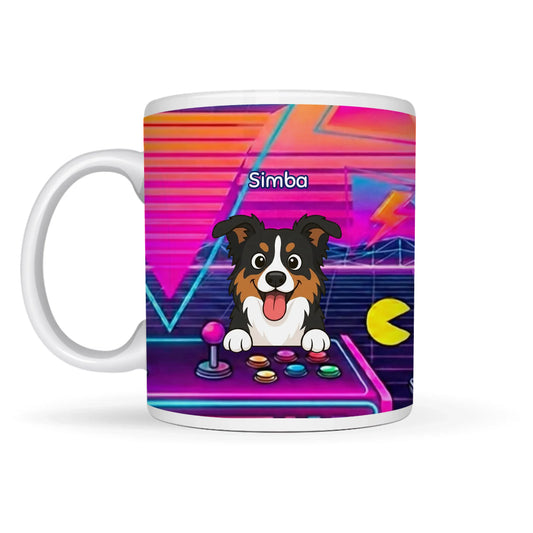 Personalized ceramic mug with a happy dog playing a retro arcade game, 'Simba' name.