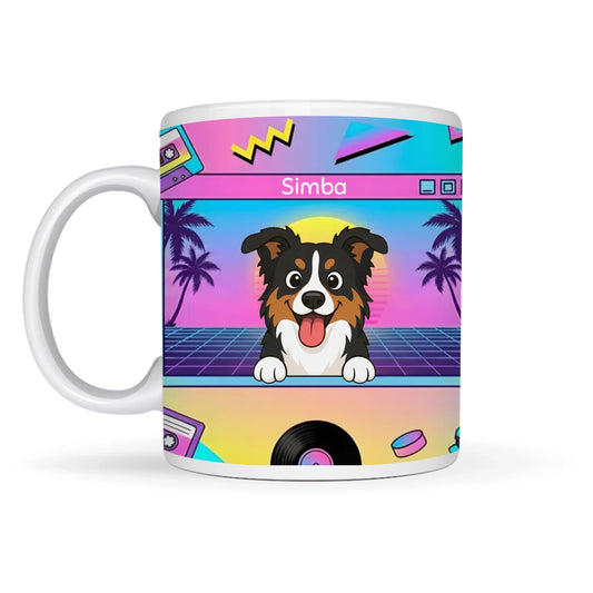 Personalized ceramic mug with a cartoon dog portrait in a vibrant retro arcade design, featuring the pet's name 'Simba'.