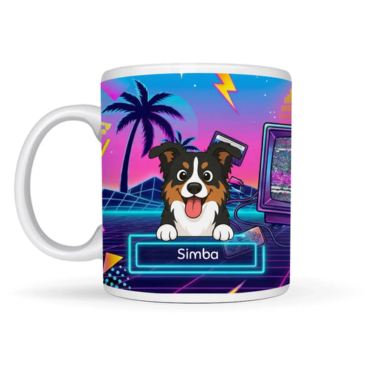 Personalized ceramic mug with a cartoon Australian Shepherd dog and "Simba" in a retro 80s VHS Generation design.