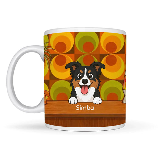 Personalized ceramic mug with a cartoon Australian Shepherd dog peeking over a wooden counter, set against a vibrant retro geometric pattern, with pet name 'Simba'