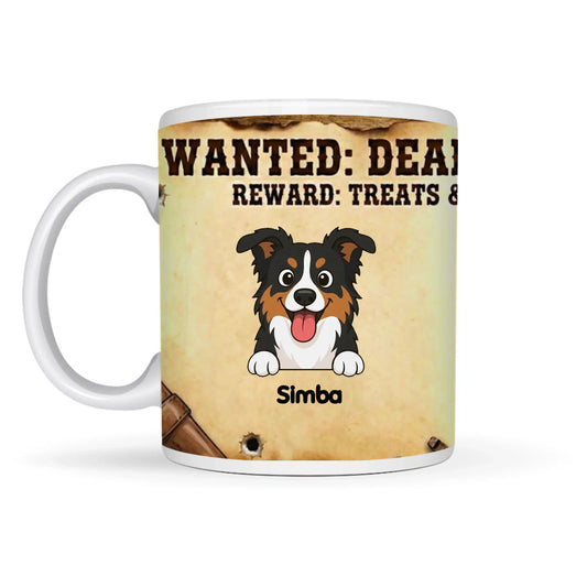 Personalized ceramic mug with a cartoon dog on a 'Wanted' poster design.