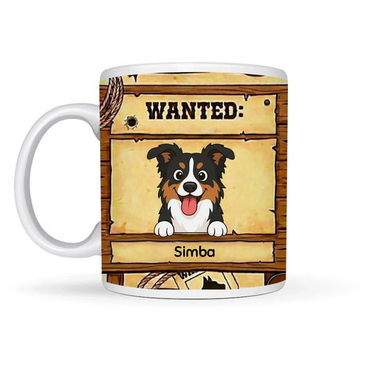 Personalized 'Wanted' ceramic mug featuring a cartoon Australian Shepherd dog and its name 'Simba'.