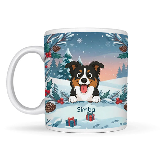 Personalized ceramic mug: joyful pet in 'Scent of Pine' winter scene.