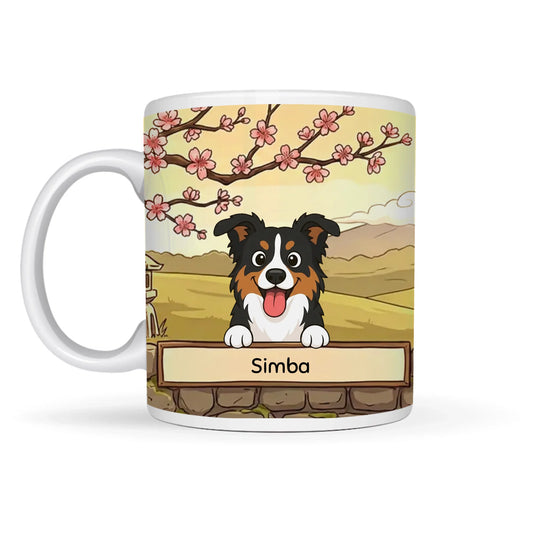 Personalized ceramic mug featuring a tri-color dog named Simba in a Mount Fuji sunset and cherry blossom scene.