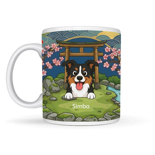 Personalized ceramic mug 'The Whisper of the Stream' with a cheerful tricolor dog in a tranquil Japanese garden scene