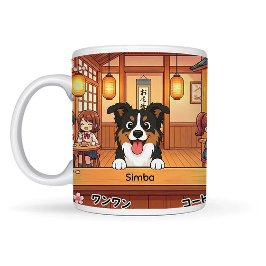Personalized ceramic mug showing a happy dog peeking over a counter in a Japanese cafe, with owner's pet name.