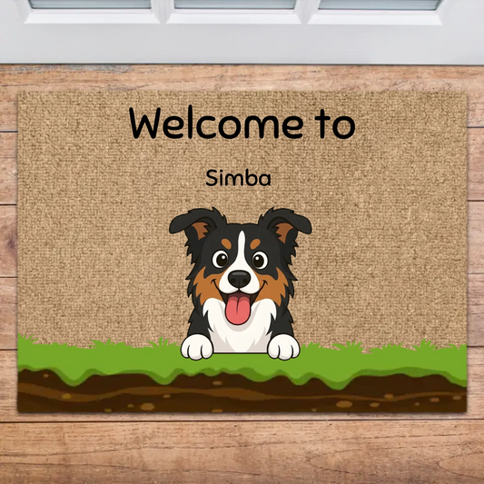 Personalized doormat featuring a smiling cartoon dog, 'Welcome to Simba' text, and green grass design for a joyful home entrance.