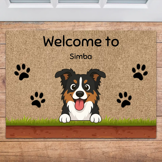 Personalized doormat featuring a happy cartoon dog and 'Welcome to Simba' text