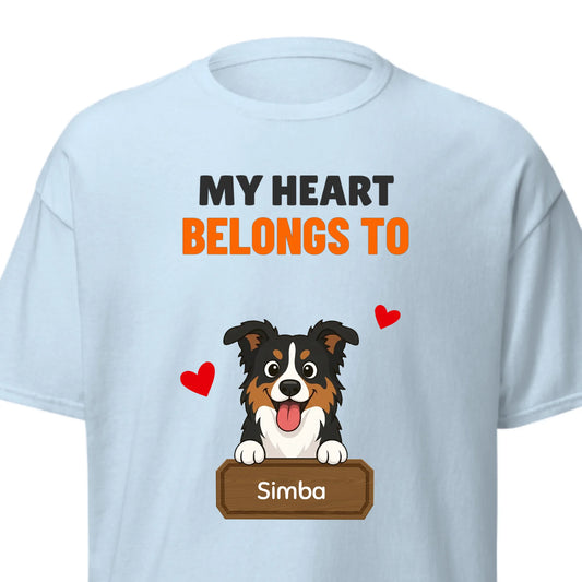 Personalized light blue t-shirt with 'My Heart Belongs To' dog portrait and name.