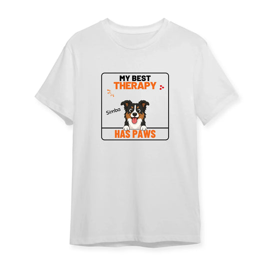 Personalized white t-shirt featuring a cute cartoon dog and 'My Best Therapy Has Paws' slogan.