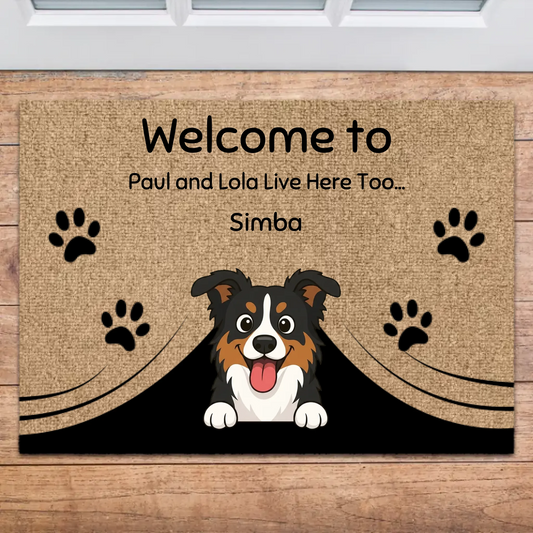 Personalized doormat 'Shadows' with a cheerful cartoon dog and custom names, perfect for pet-loving homes.
