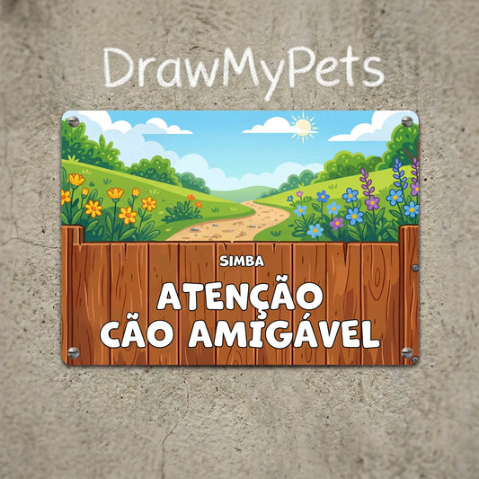 Placa de Metal: Atenção, Cães Amigáveis