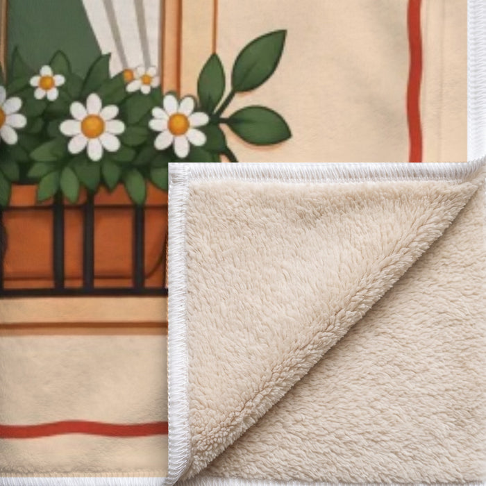 Coin replié du plaid Fenêtre sur rue : endroit imprimé, envers sherpa beige tout doux