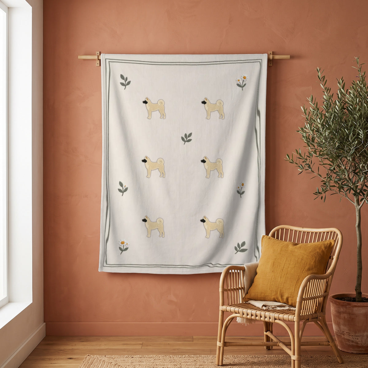 Plaid personnalisé Jardin secret accroché au mur, avec le dessin et le prénom de l'animal