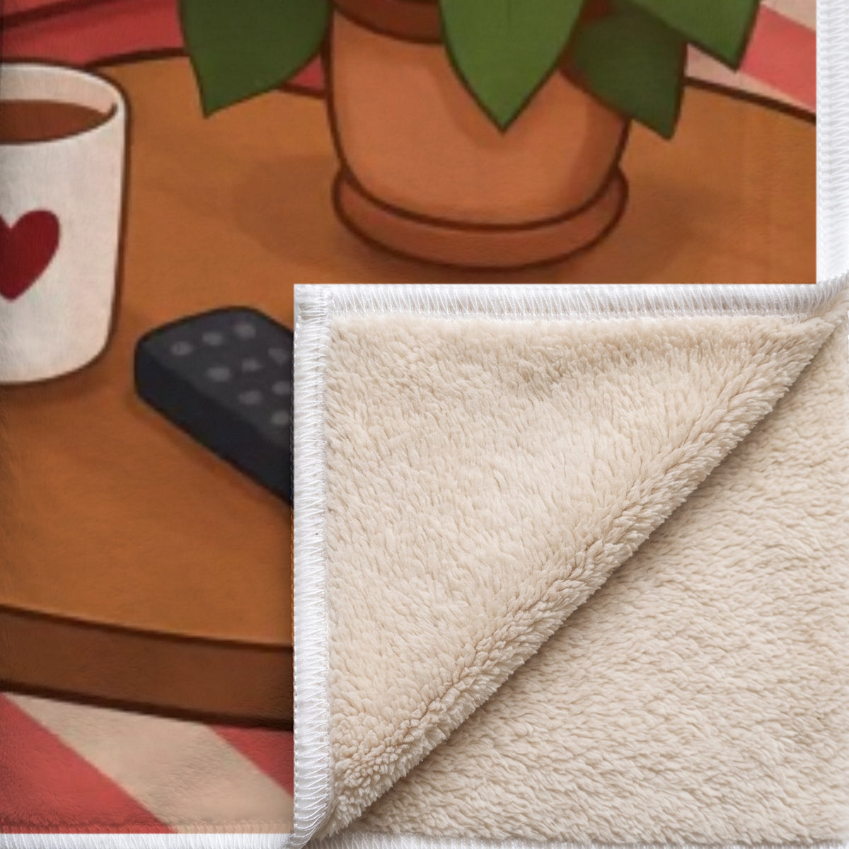 Coin replié du plaid La place est prise : endroit imprimé, envers sherpa beige tout doux