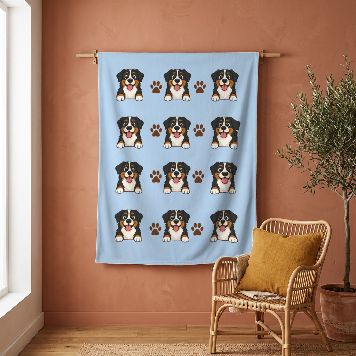 Plaid personnalisé Mes compagnons accroché au mur, avec le dessin et le prénom de l'animal