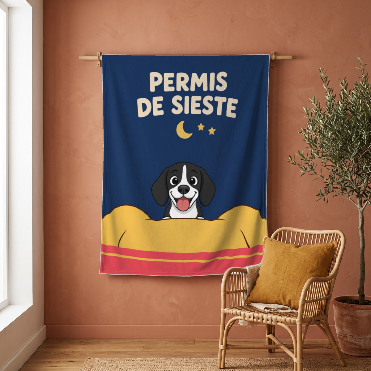 Plaid personnalisé Permis de sieste accroché au mur, avec le dessin et le prénom de l'animal