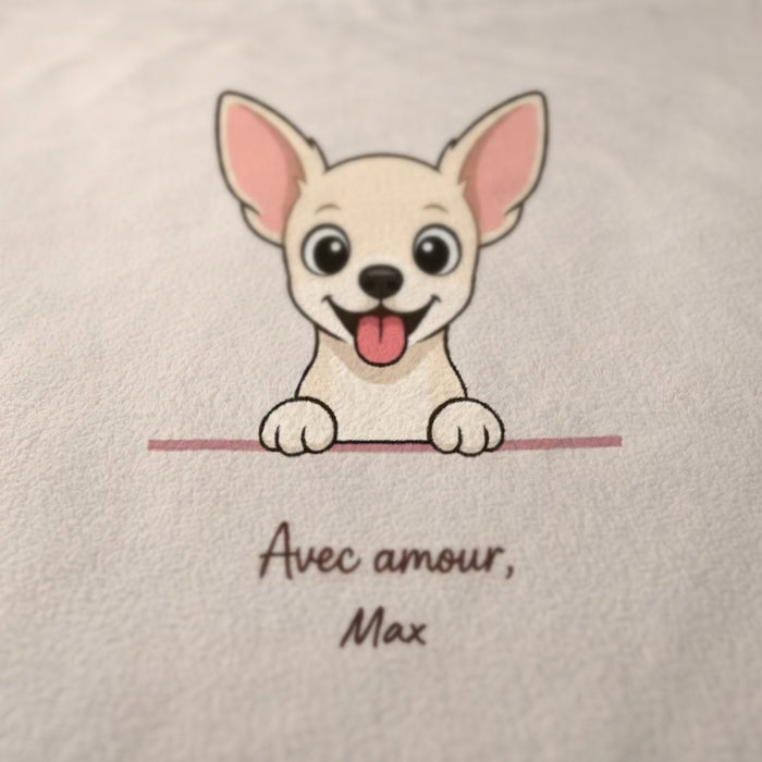 Gros plan sur le dessin imprimé du plaid personnalisé Sieste avec lui
