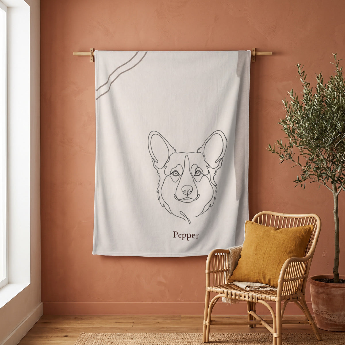 Plaid personnalisé Silhouettes accroché au mur, avec le dessin et le prénom de l'animal
