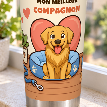 Gros plan sur le motif imprimé du tumbler Mon meilleur compagnon
