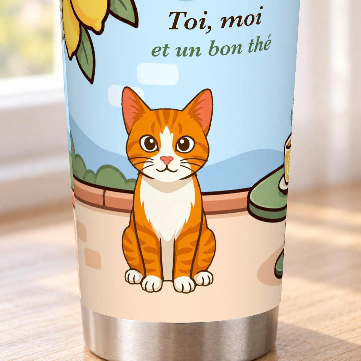 Gros plan sur le motif imprimé du tumbler Tea time