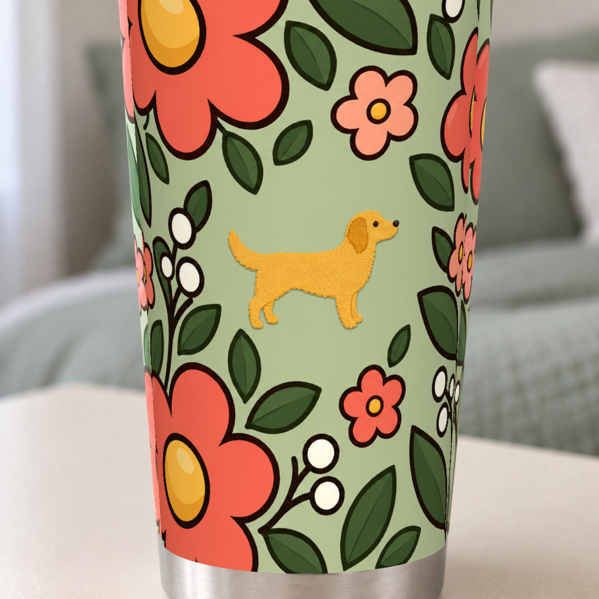 Gros plan sur le motif imprimé du tumbler Fleuri