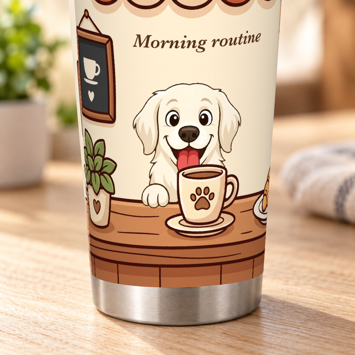Gros plan sur le motif imprimé du tumbler Morning routine
