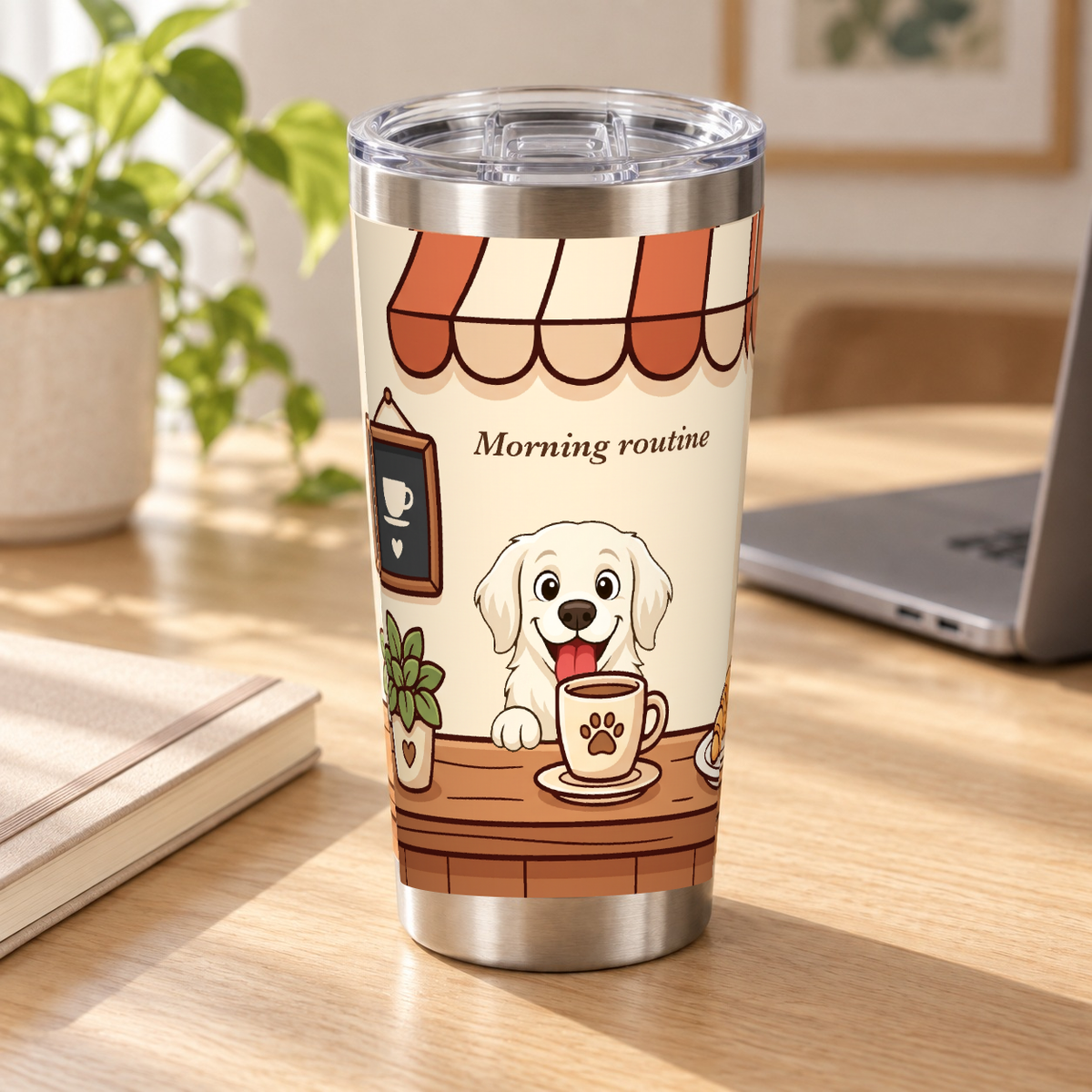 Tumbler personnalisé Morning routine posé sur un bureau