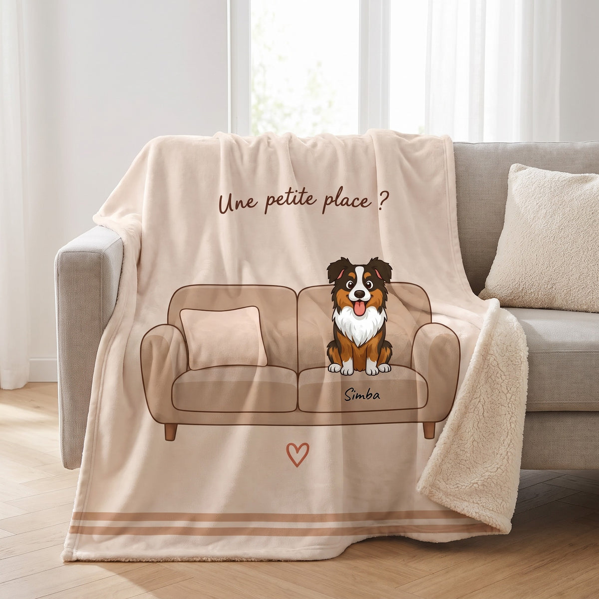 Plaid personnalisé Une petite place ? posé sur un canapé